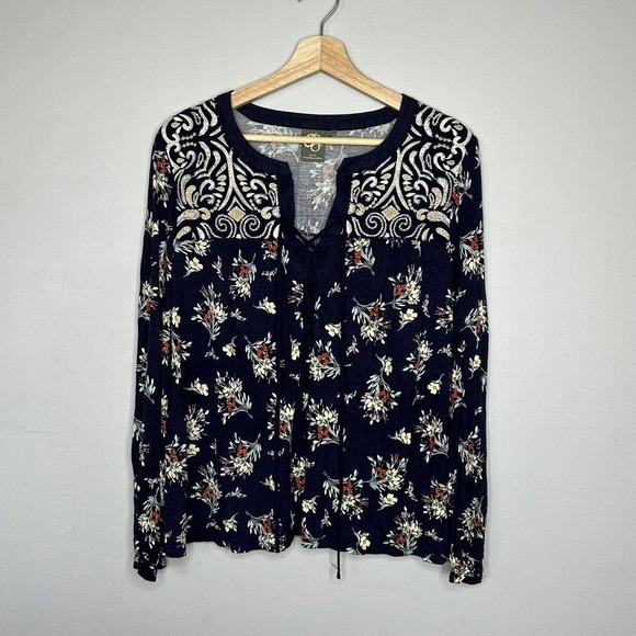 One September Tops - Anthro OS Embroidered Boho Top L Blue Floral Print Peasant Style One September